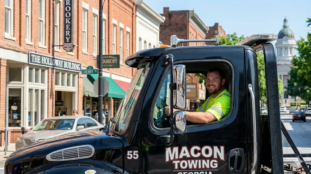 All Hours Towing Macon GA tow truck operators providing 24/7 emergency towing and roadside assistance in Macon, Warner Robins, and Byron Georgia